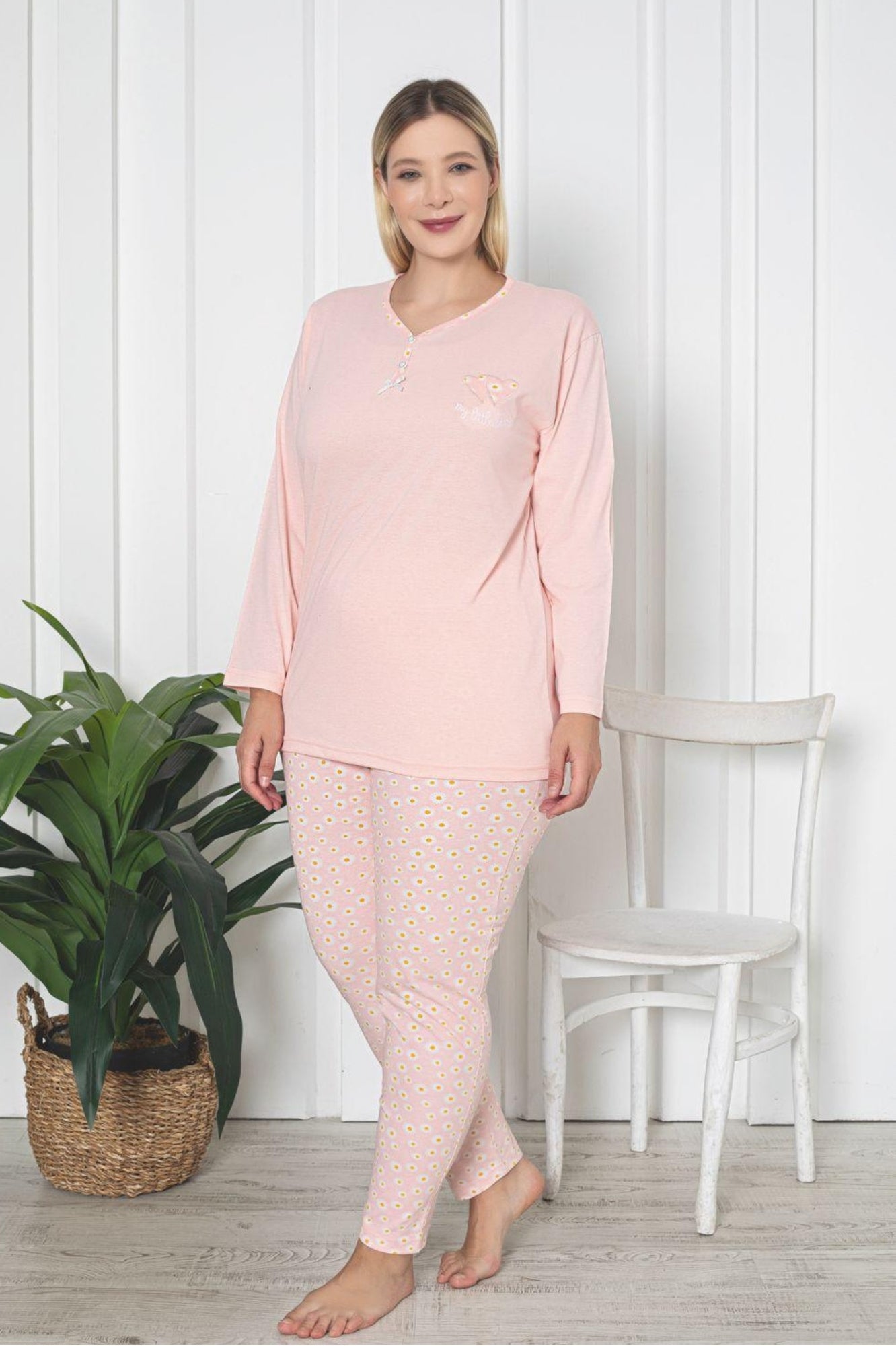 x-dreamy büyük beden pamuklu desenli uzun kollu pijama takimi