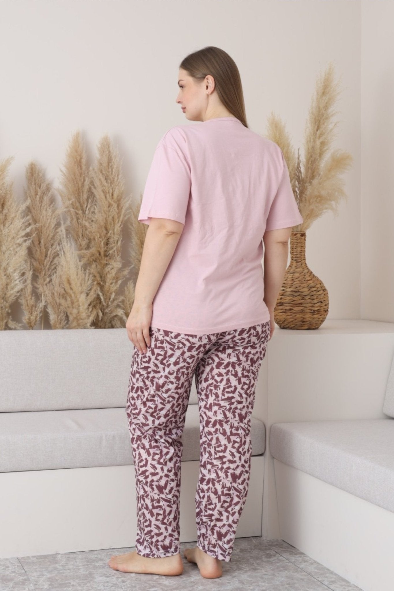 x - dreamy büyük beden pamuklu düğmeli yaka kisa kollu penye pijama takimi - Justyol