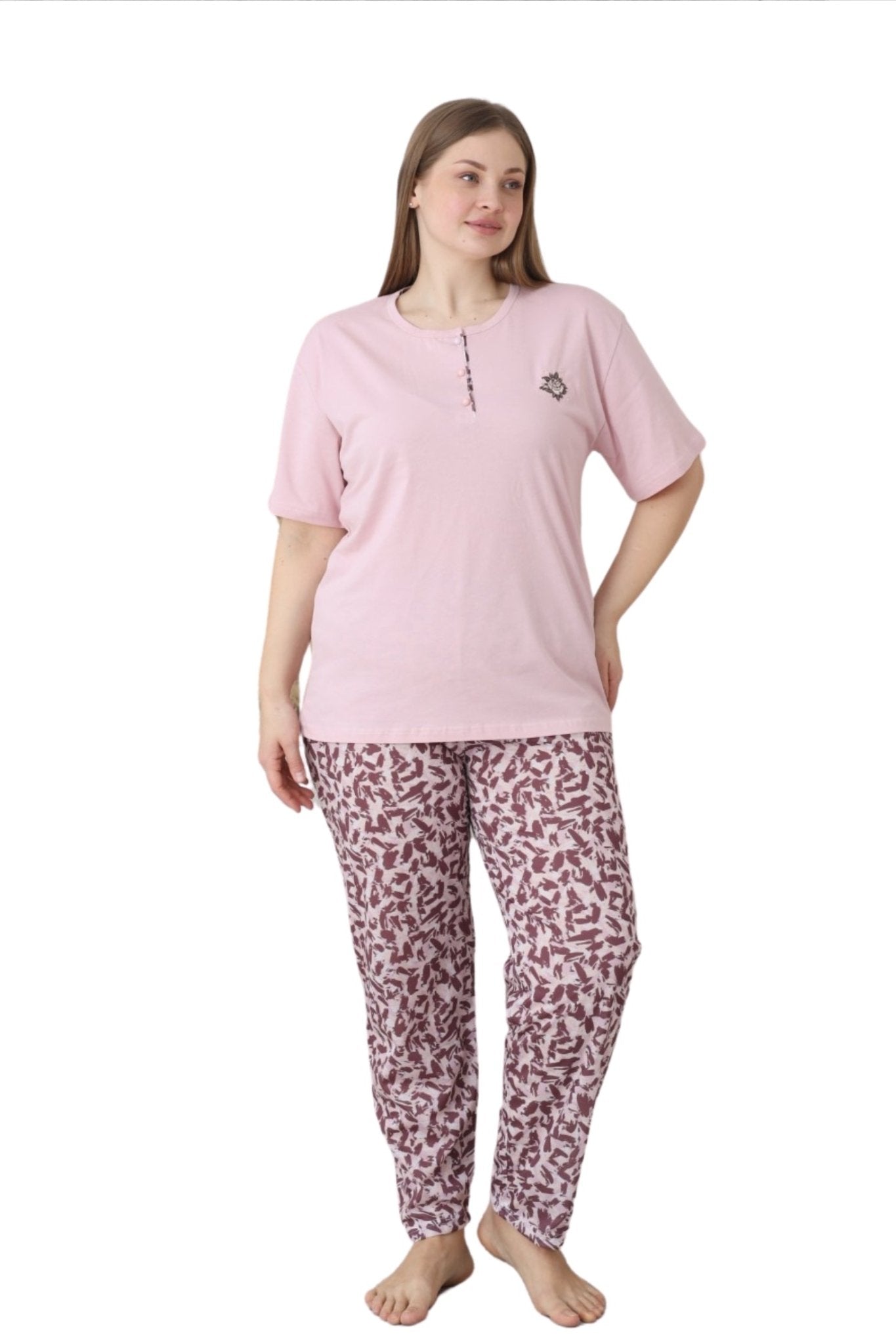 x - dreamy büyük beden pamuklu düğmeli yaka kisa kollu penye pijama takimi - Justyol
