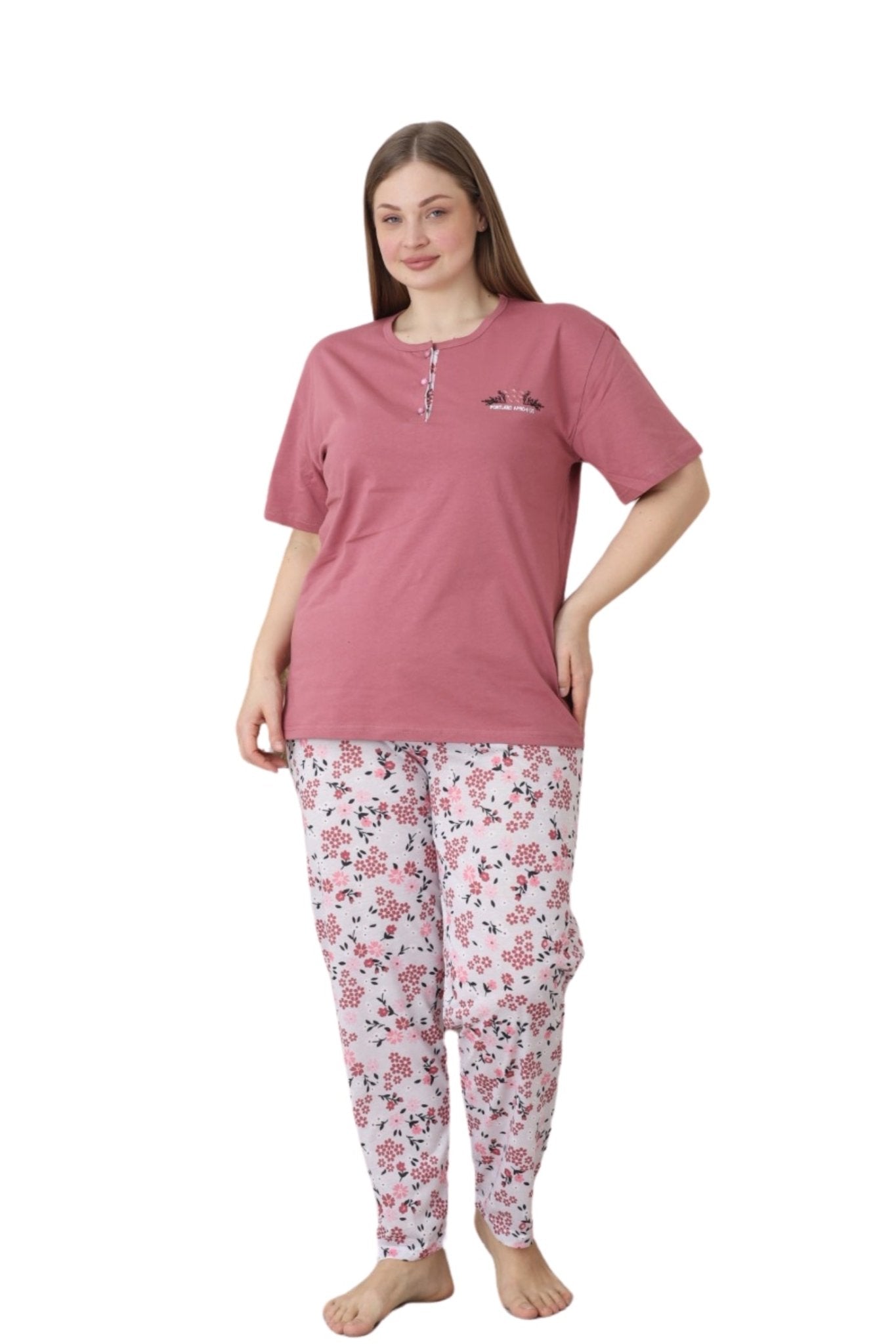 x - dreamy büyük beden pamuklu düğmeli yaka kisa kollu penye pijama takimi - Justyol
