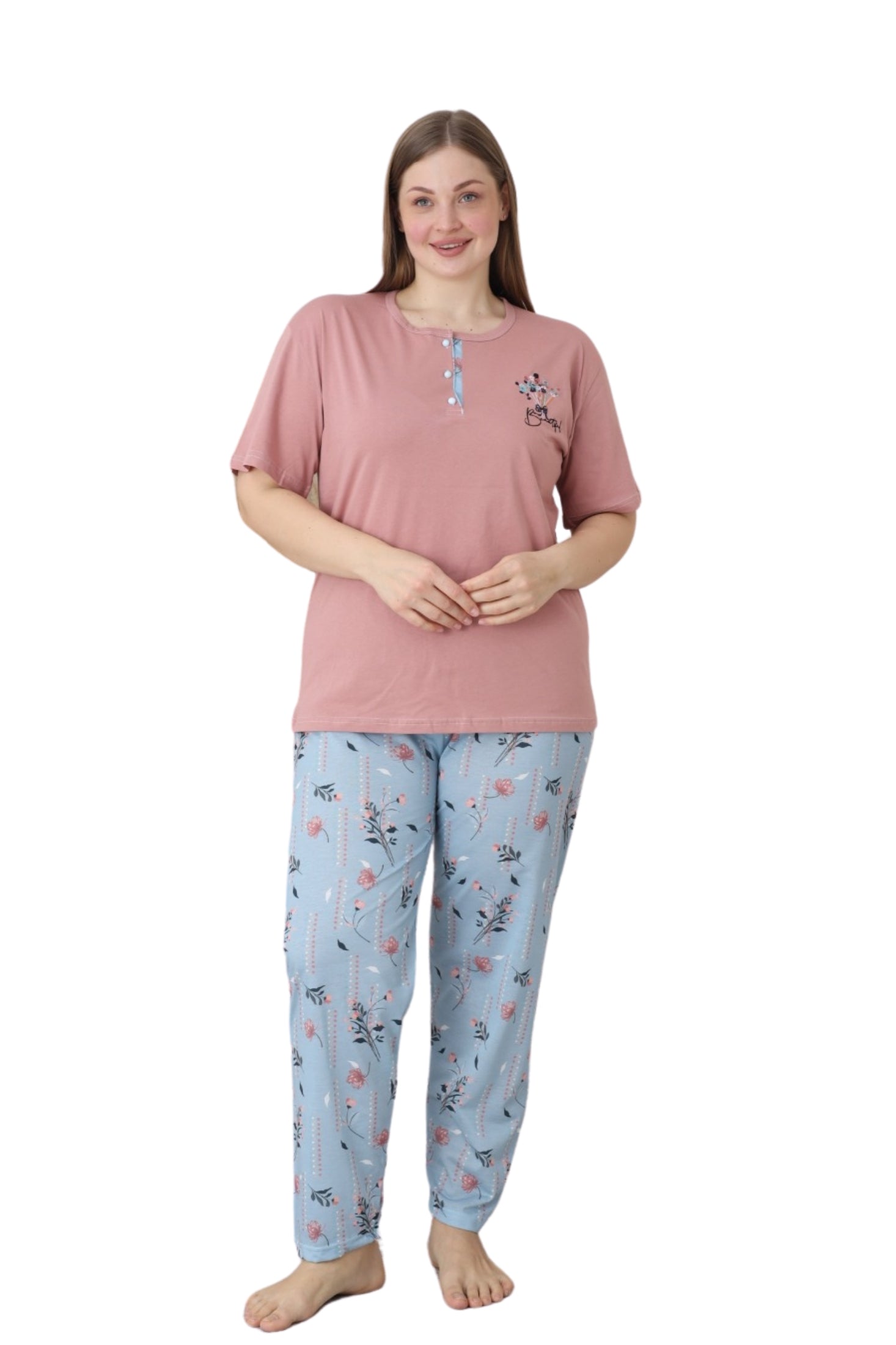x - dreamy büyük beden pamuklu düğmeli yaka kisa kollu penye pijama takimi - Justyol