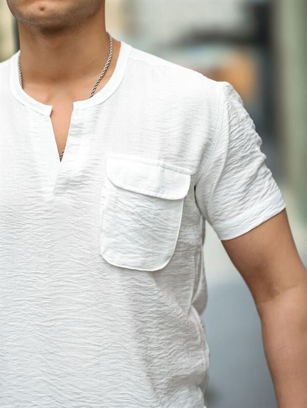 V Yaka Cep Detaylı Fit Gömlek - Justyol