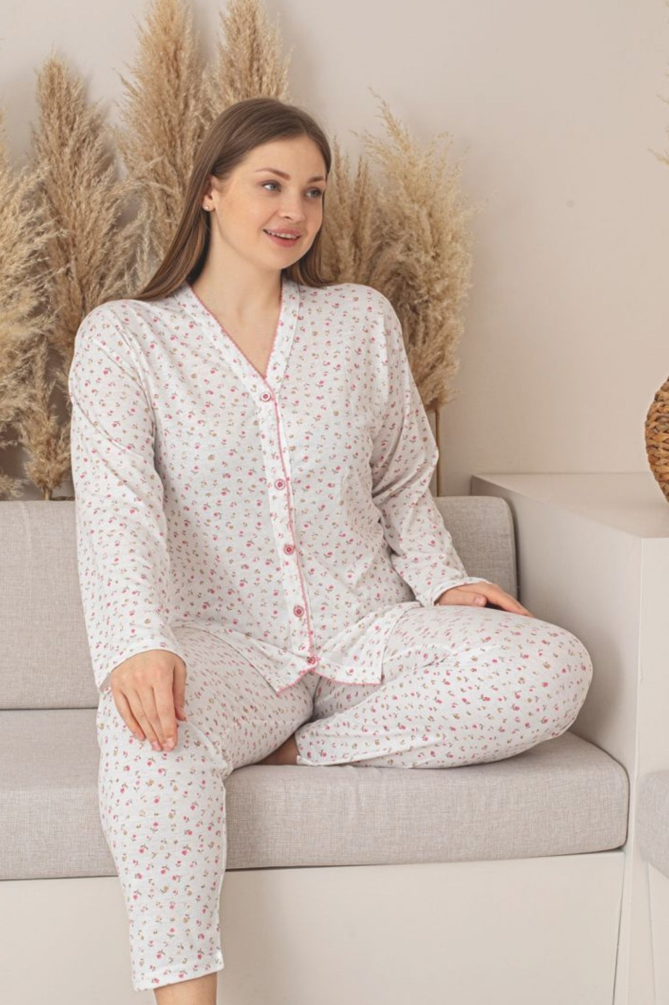 x-dreamy büyük beden pamuklu çiçekli önden düğmeli pijama takimi