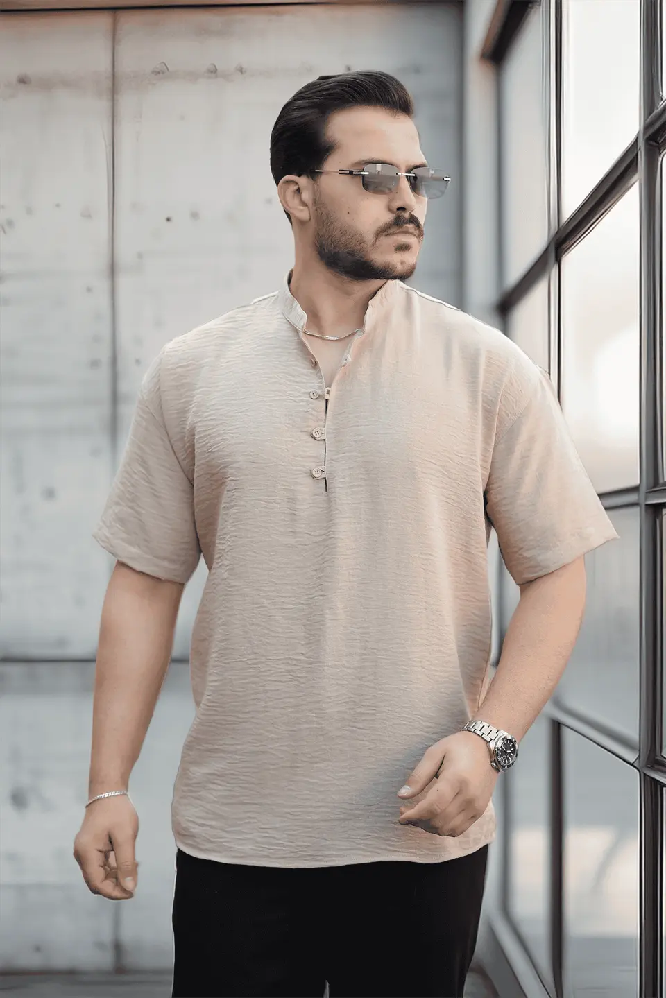 wes oversize yarim pat bambu kisa kol gömlek - Justyol