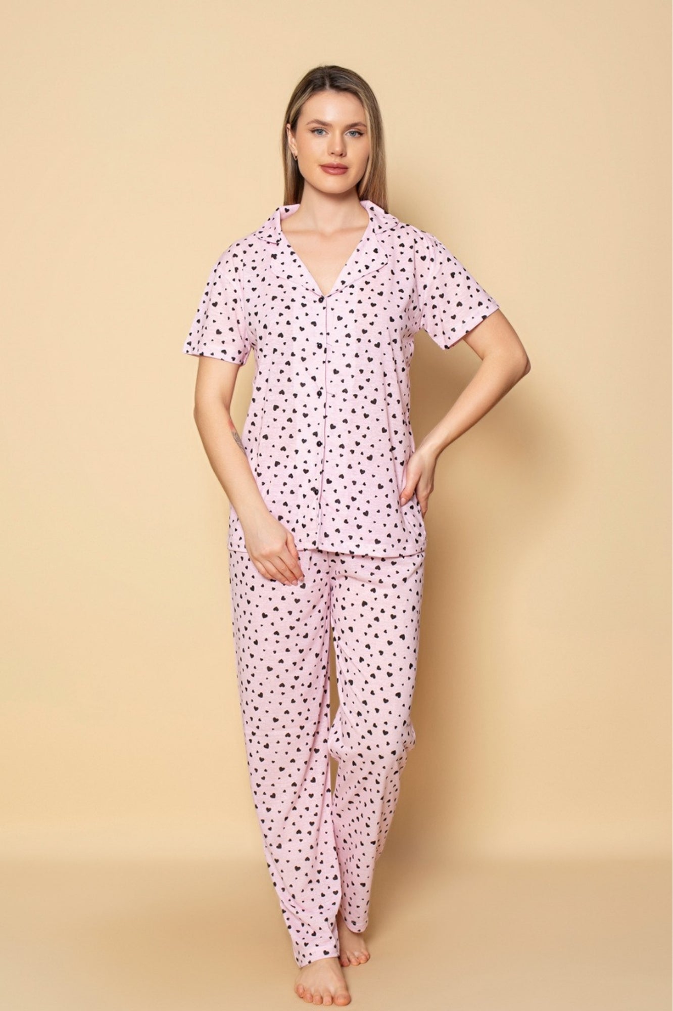 <tc>Ensemble de pyjama en coton à motifs cœur, chemise à boutons à manches courtes Dreamy</tc>