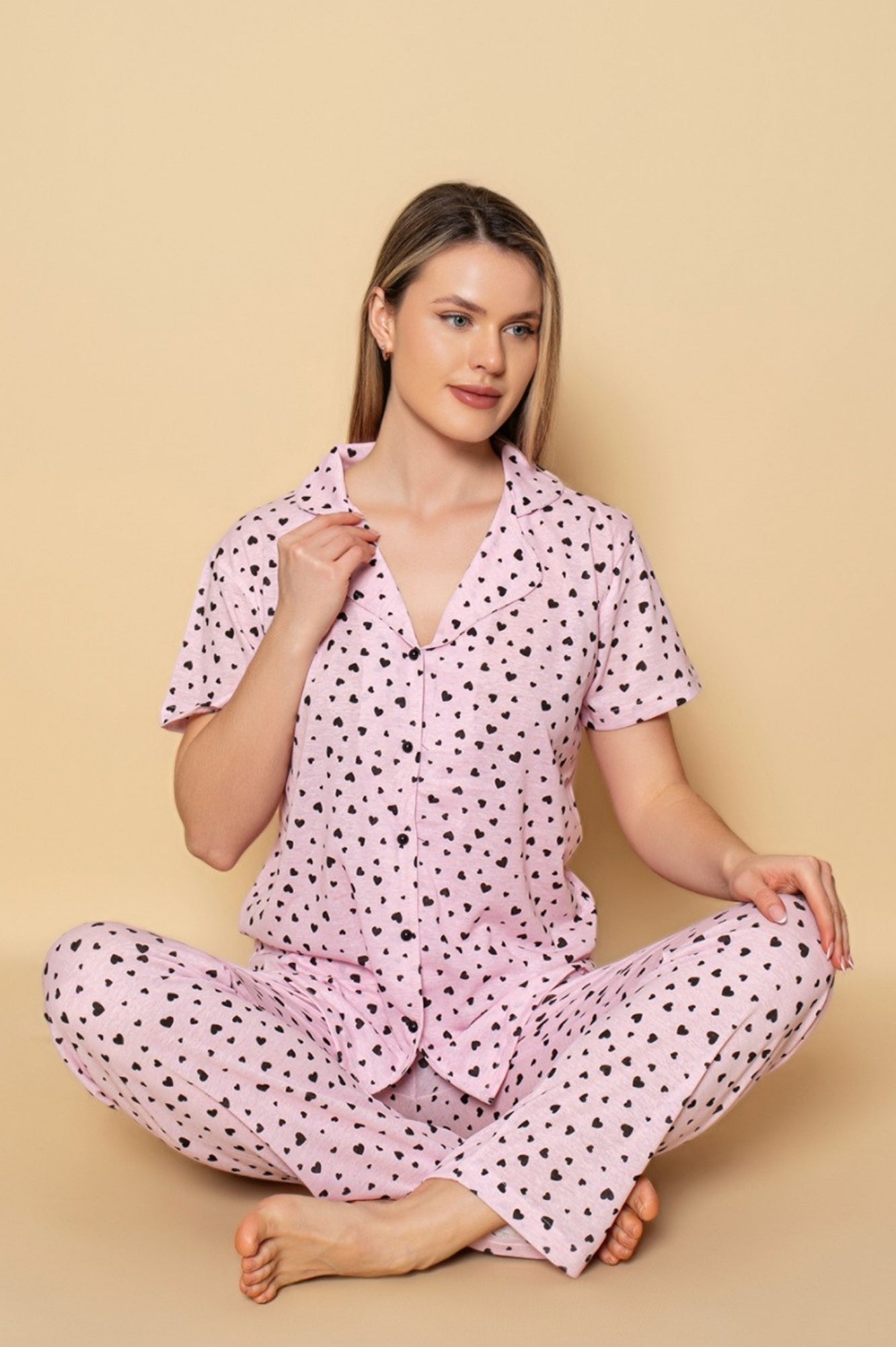 dreamy pamuklu kalp desenli kisa kollu düğmeli gömlek pijama takimi