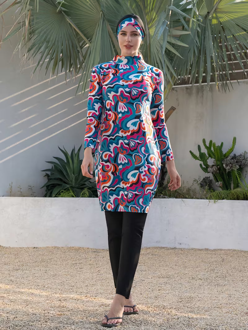 Burkini Femme Modeste 4 Pièces Imprimé – Ensemble Maillot de Bain avec Turban