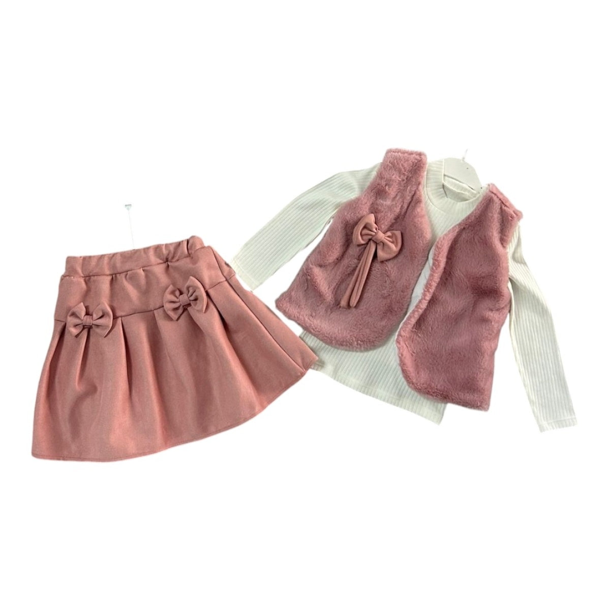Ensemble Fille 3 Pièces Jupe et Gilet Peluche Doux