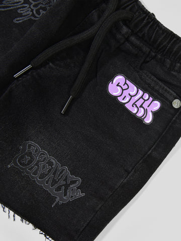 Short garçon noir effet denim avec taille élastique et imprimés - SHR24SDPP75421MN1