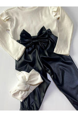 Özge Basran Girl, Black Leather Bow Detailed Trousers, Cream Shoulder Ruffle Badi and Headband Set