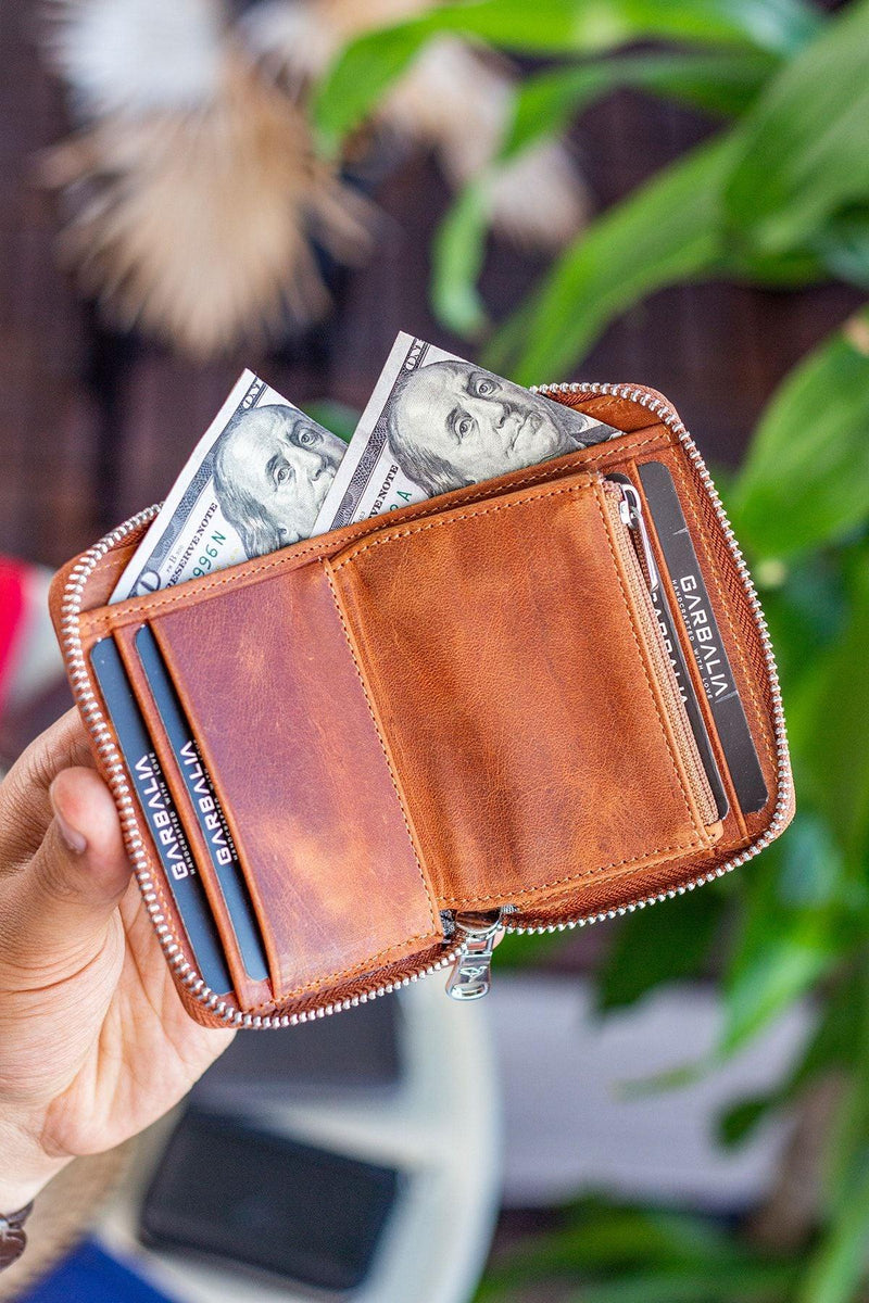 Portefeuille unisexe en cuir véritable Crazy Leather zippé avec porte-monnaie – Taba Sydney