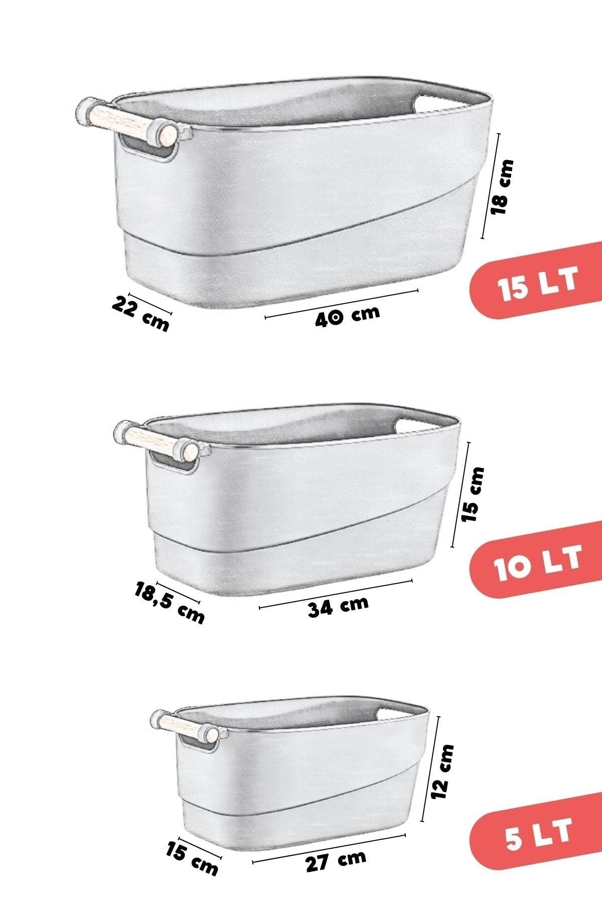 3'lü Set Ahşap Kulplu Çok Amaçlı Banyo,mutfak,çekmece Içi Düzenleyici Retro Sepet Antrast - Justyol