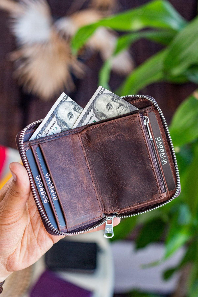 Portefeuille unisexe en cuir véritable Crazy Leather zippé avec porte-monnaie – Taba Sydney