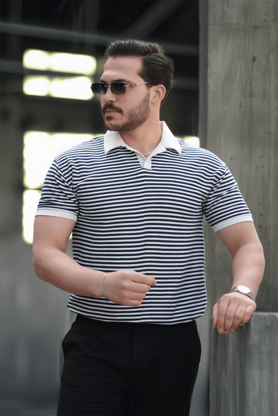 çizgili örme desenli polo yaka erkek t-shirt - Justyol