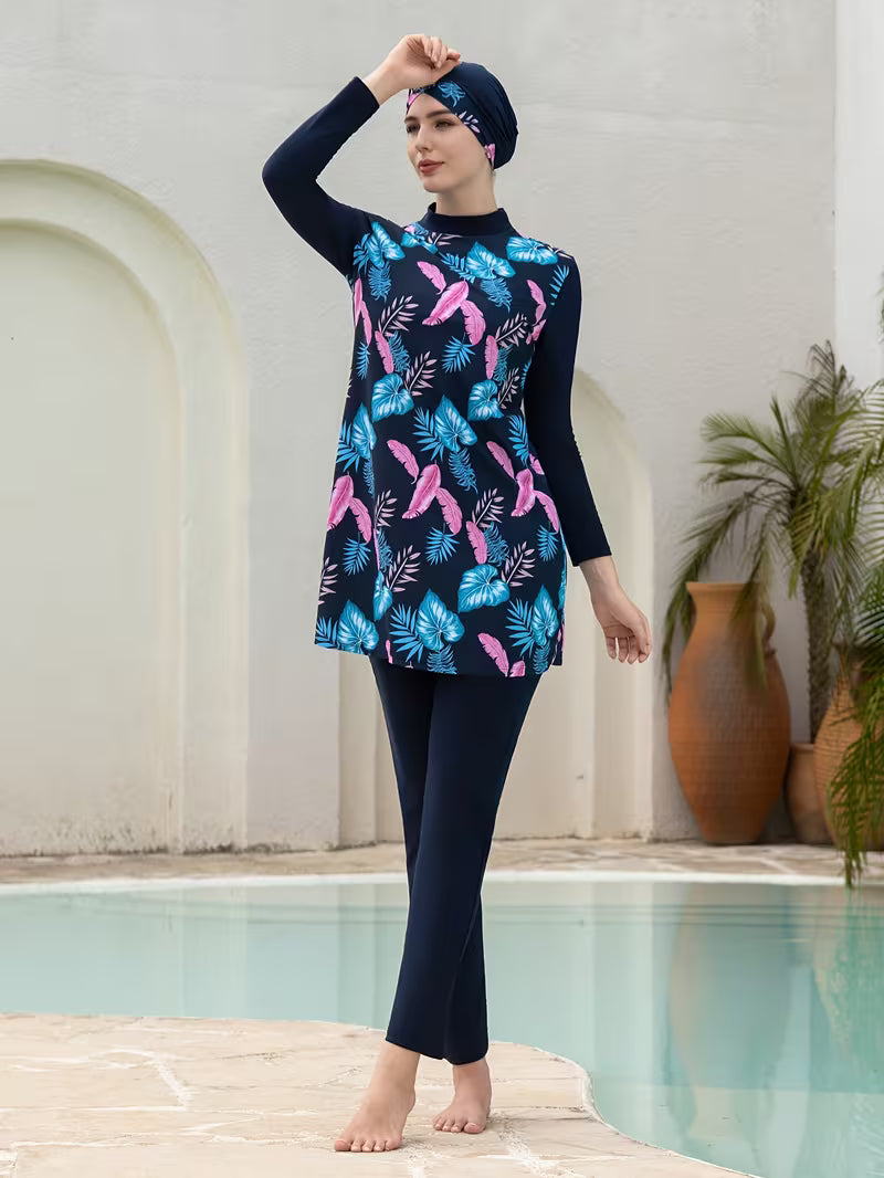 Ensemble Plage Femme 4 Pièces en Polyester – Maillot & Pareo Long
