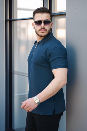 likrali örme yarim fermuar polo yaka erkek tişört - Justyol