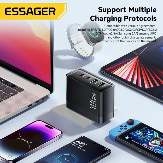 Essager Chargeur Gan 100W USB Type C, Charge Rapide