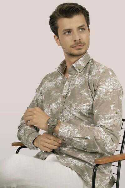 Eskitme Desenli Gri Beyaz Slimfit Kutulu Gömlek - 6464 - Justyol