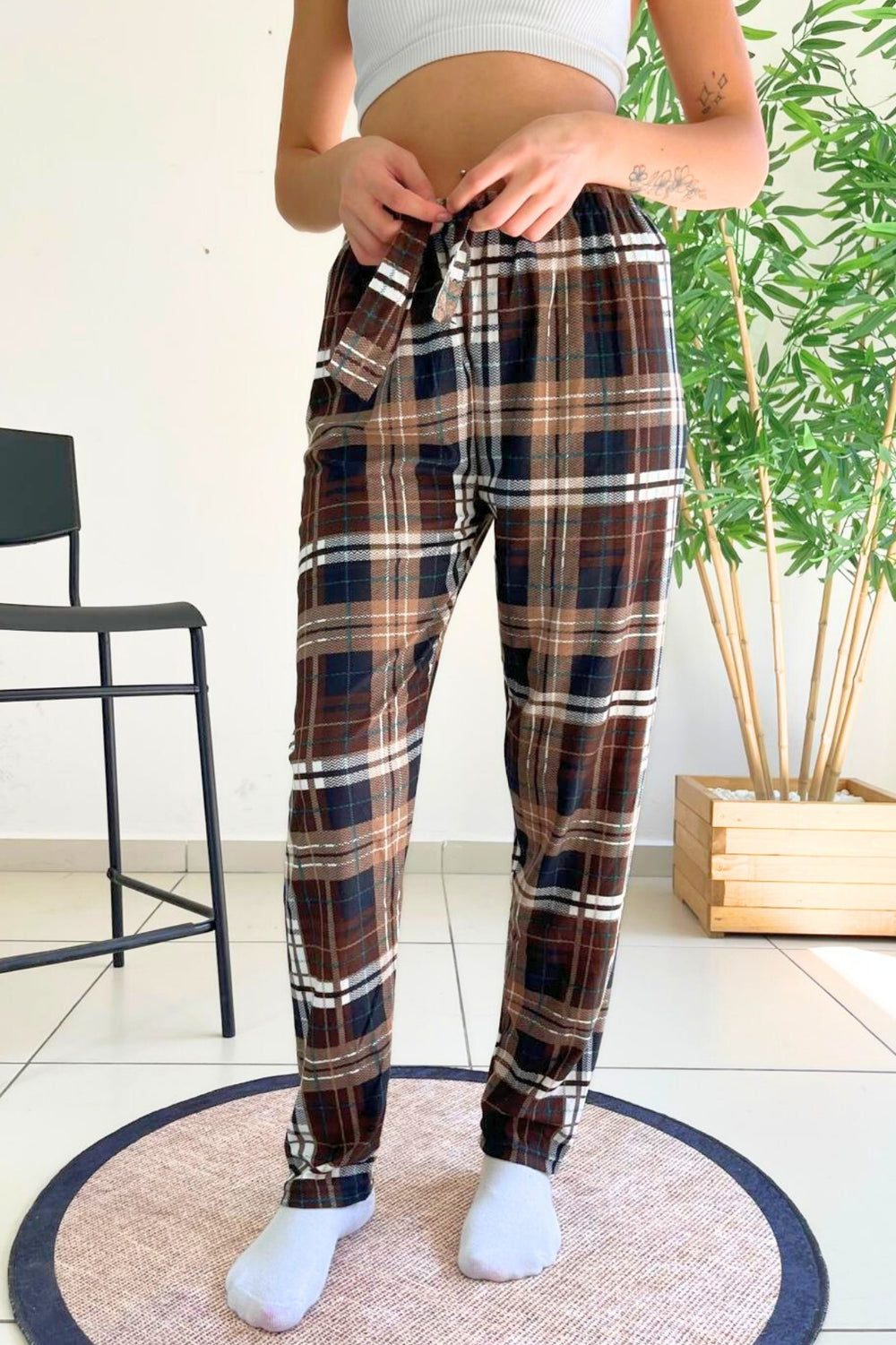 Pantalon de Pyjama à Carreaux Effet Velours