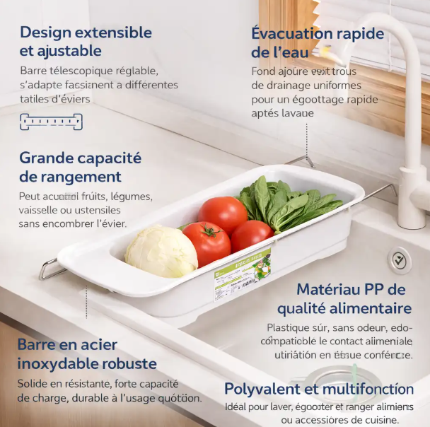 Panier Égouttoir Évier Extensible pour Fruits et Légumes 44-60cm