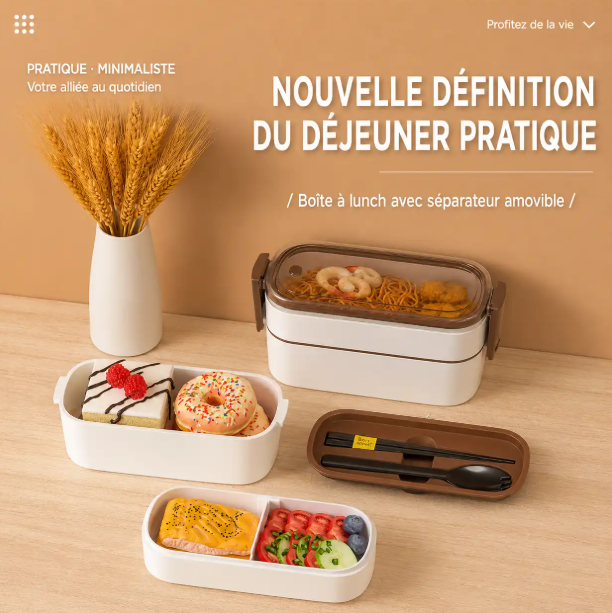 Boîte à Lunch Hermétique 700 ml avec Compartiments et Couverts – Lunch Box Portable pour Bureau et École