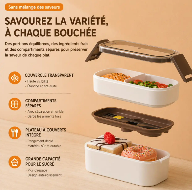 Boîte à Lunch Hermétique 700 ml avec Compartiments et Couverts – Lunch Box Portable pour Bureau et École