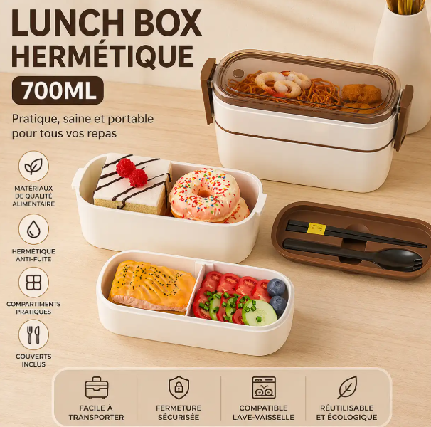 Boîte à Lunch Hermétique 700 ml avec Compartiments et Couverts – Lunch Box Portable pour Bureau et École