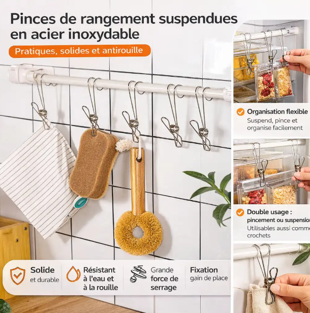 Pinces de Rangement Suspendues en Acier Inoxydable Multifonction