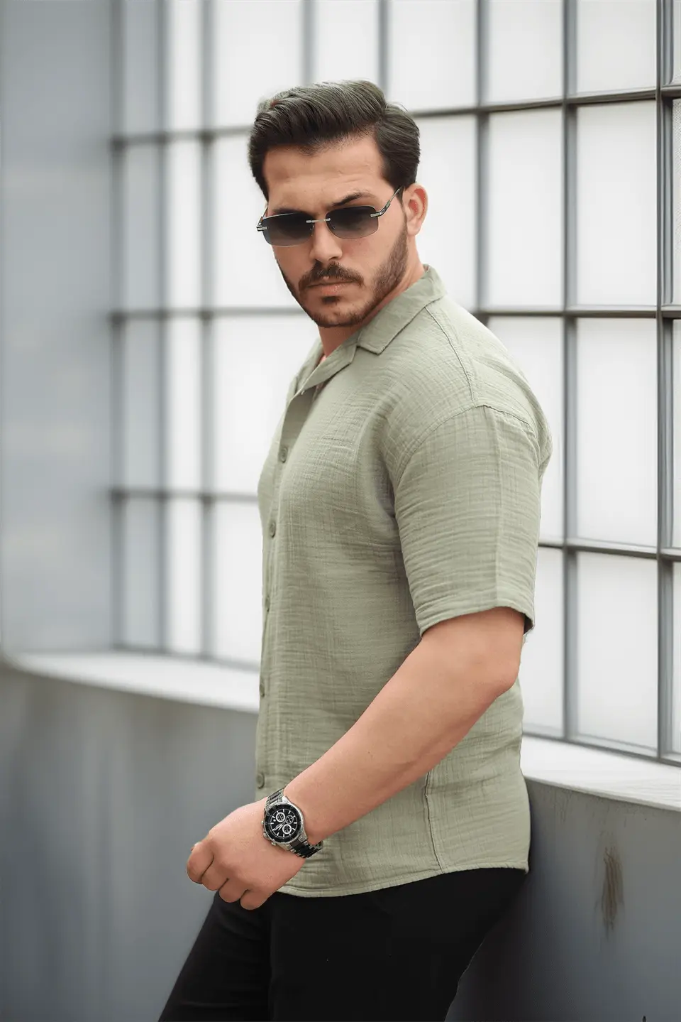 yarim oversize apaş yaka kisa kol müslin kumaş erkek gömlek - Justyol