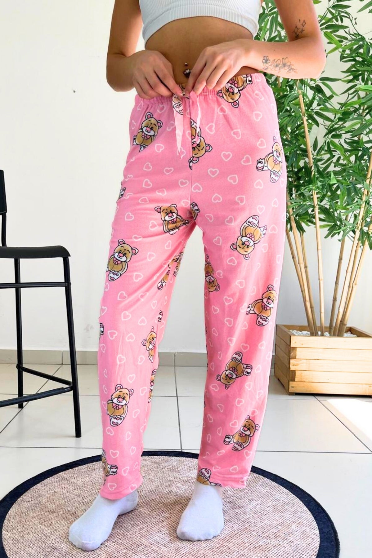 dreamy soft kadife dokulu ayicik desenli süet pijama alti pantolon