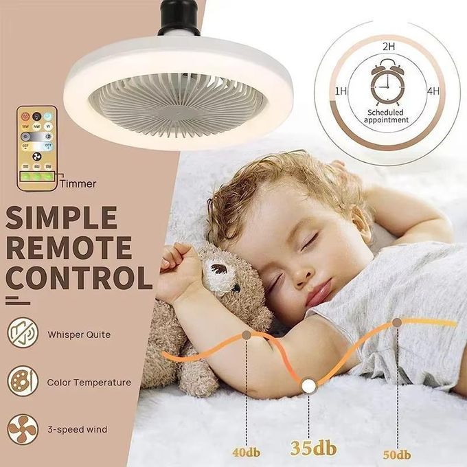 Ventilateur de Plafond avec Lampe LED E27 et Télécommande – Ventilateur Silencieux 360° 3 Modes d’Éclairage – Mini Ventilateur Plafond pour Chambre Salon Été