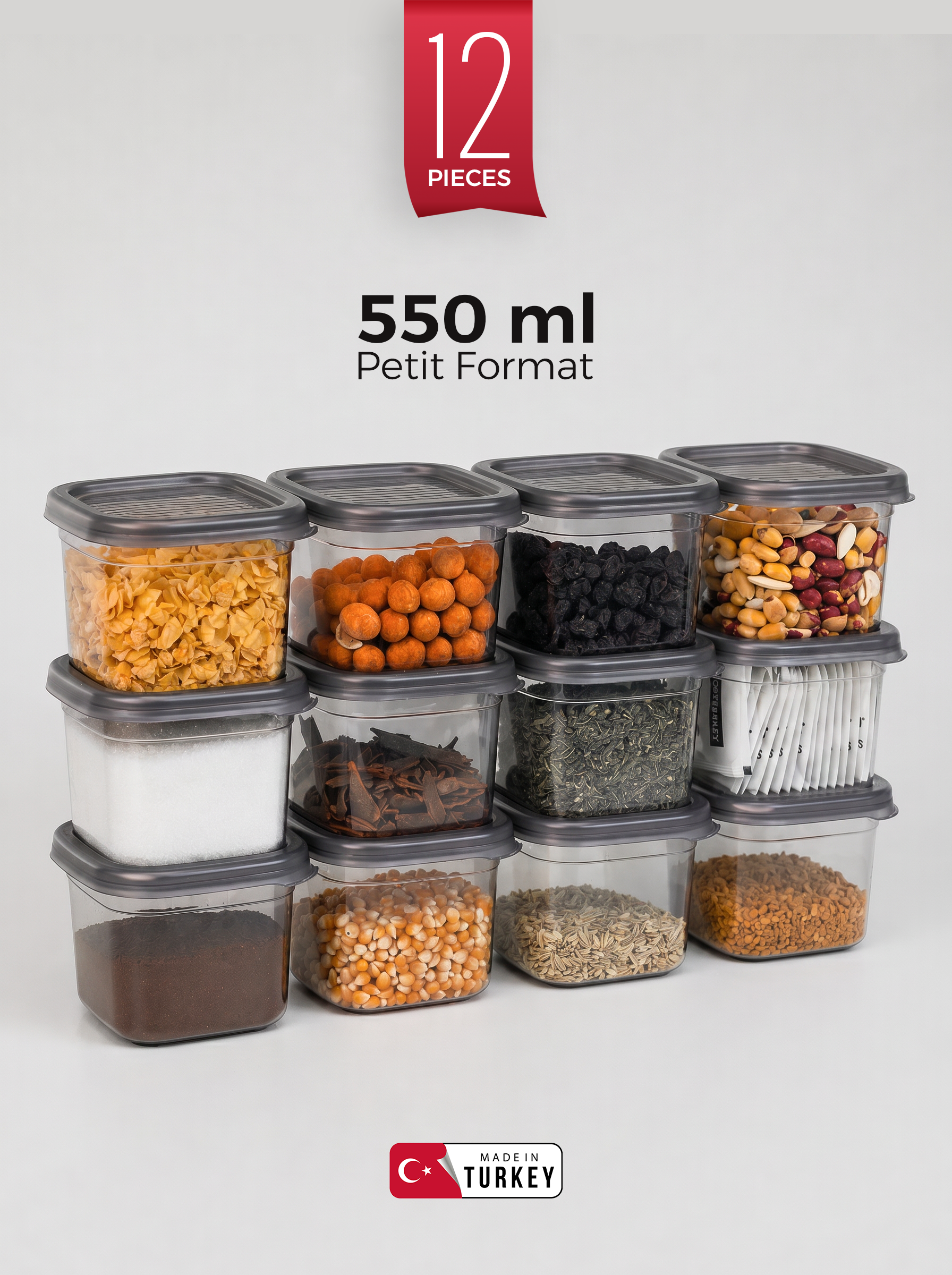 Set de 12 pots à épices anthracite 555 ml avec étiquettes