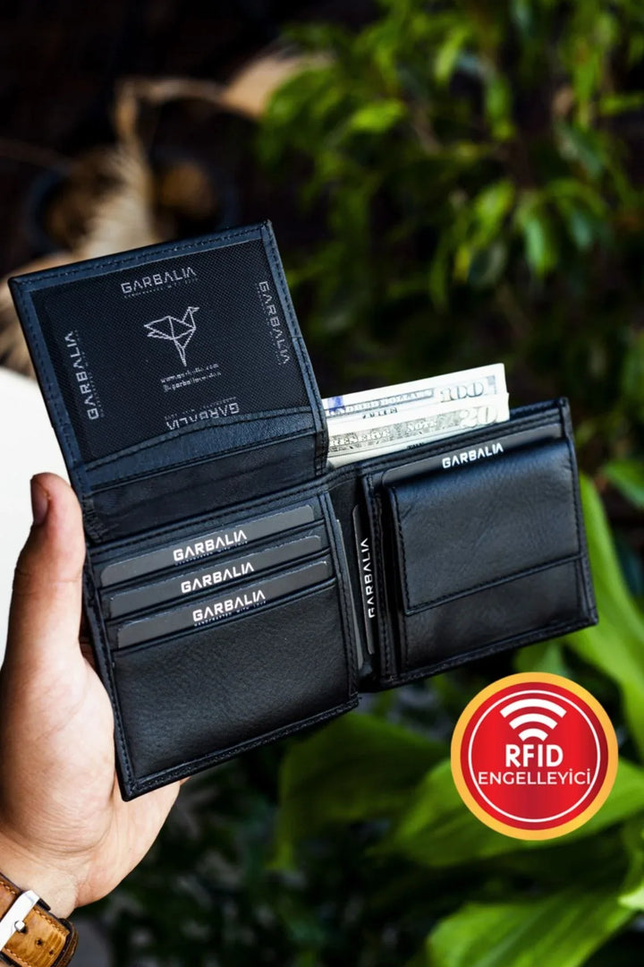 Portefeuille homme en cuir véritable RFID avec porte-monnaie – Noir naturel