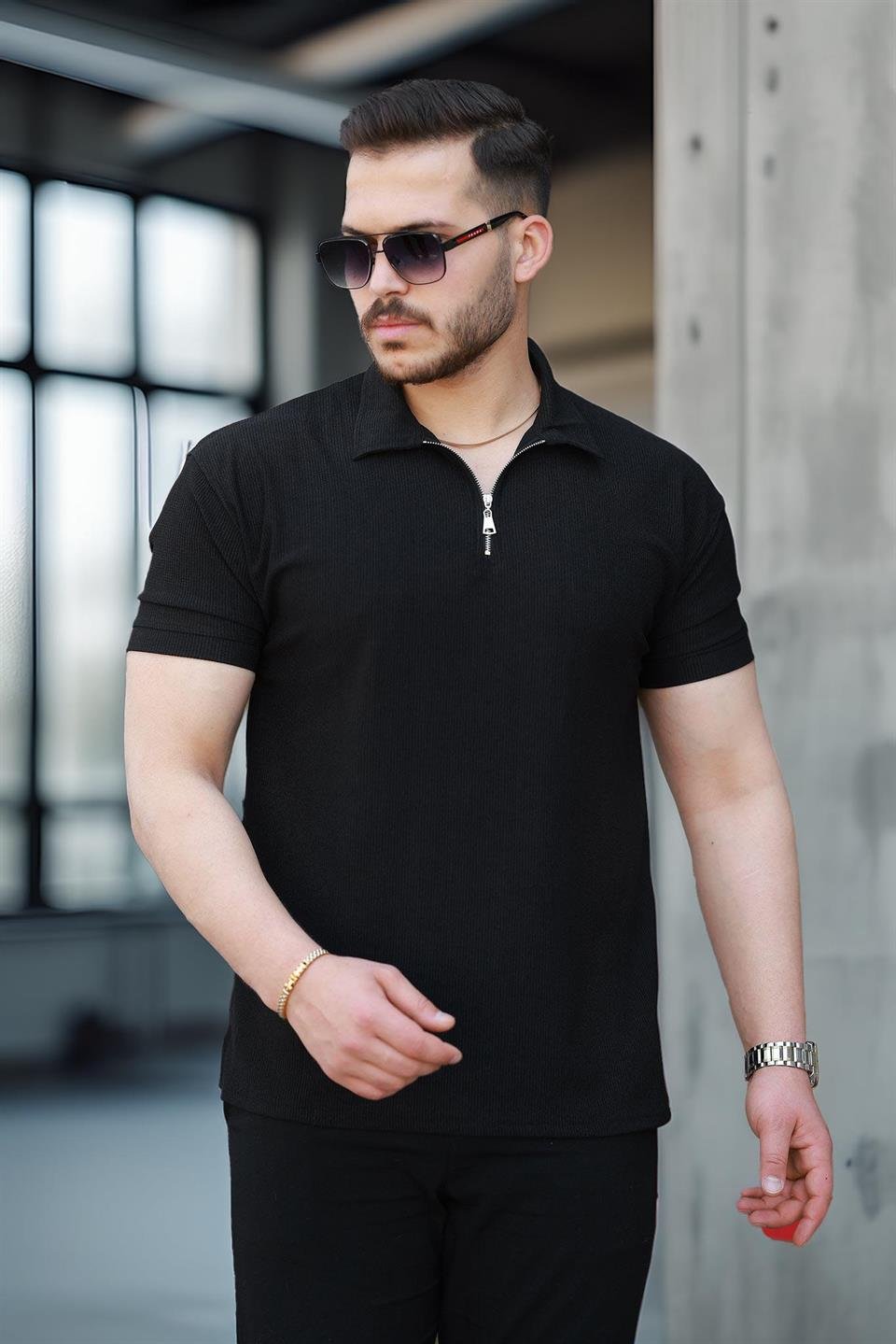 likrali örme yarim fermuar polo yaka erkek tişört - Justyol