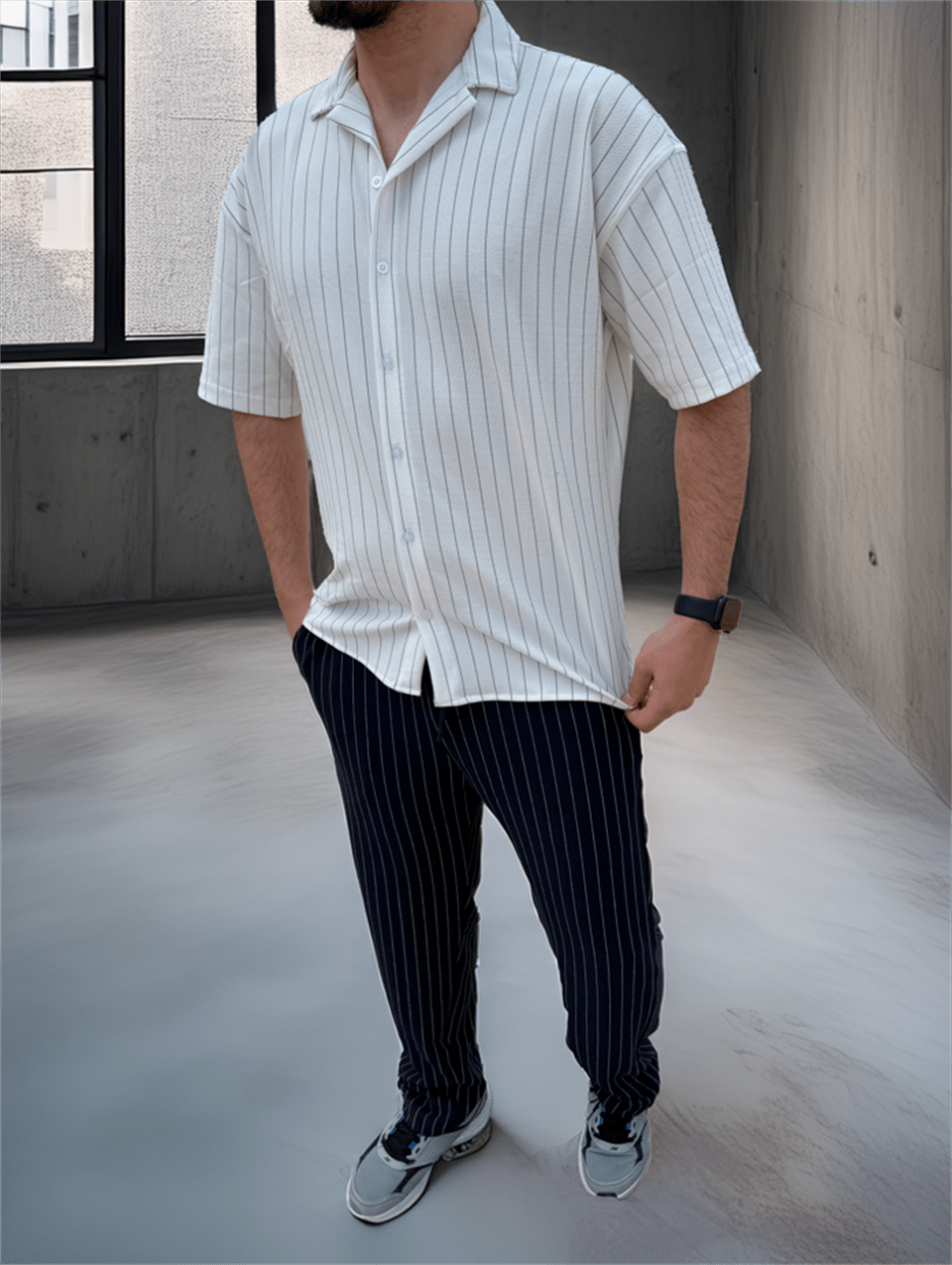 apaş yaka krep kumaş çizgili yarim oversize erkek gömlek - Justyol