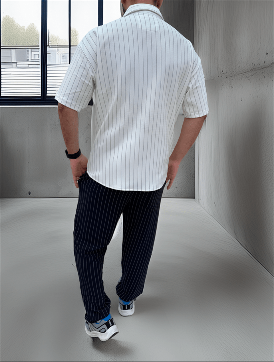 apaş yaka krep kumaş çizgili yarim oversize erkek gömlek - Justyol