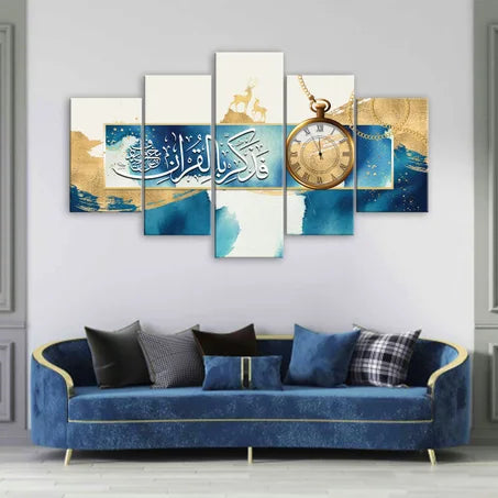 Tableau Islamique Calligraphie Arabe Blanc et Bleu – 5 Pièces