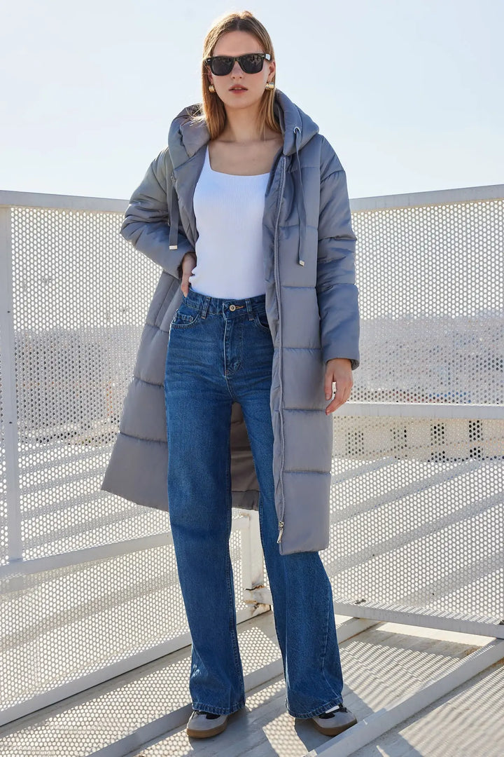 5120 Manteau Long Matelassé Femme à Capuche