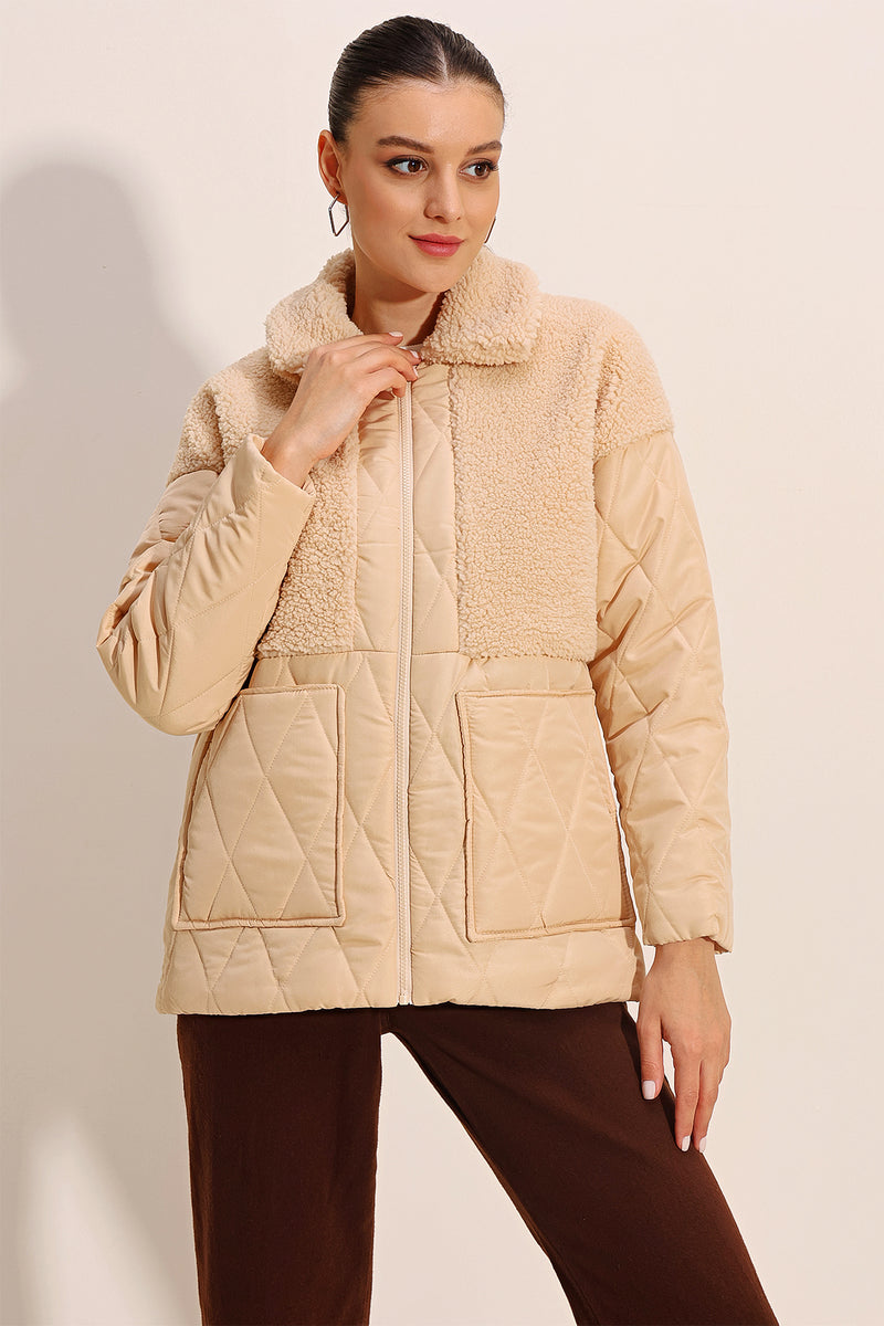 Doudoune Oversize Matelassée Femme à Détails Teddy