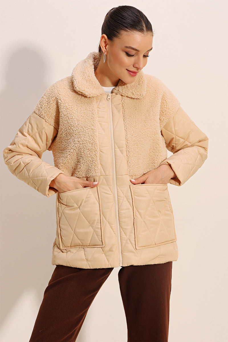 Doudoune Oversize Matelassée Femme à Détails Teddy