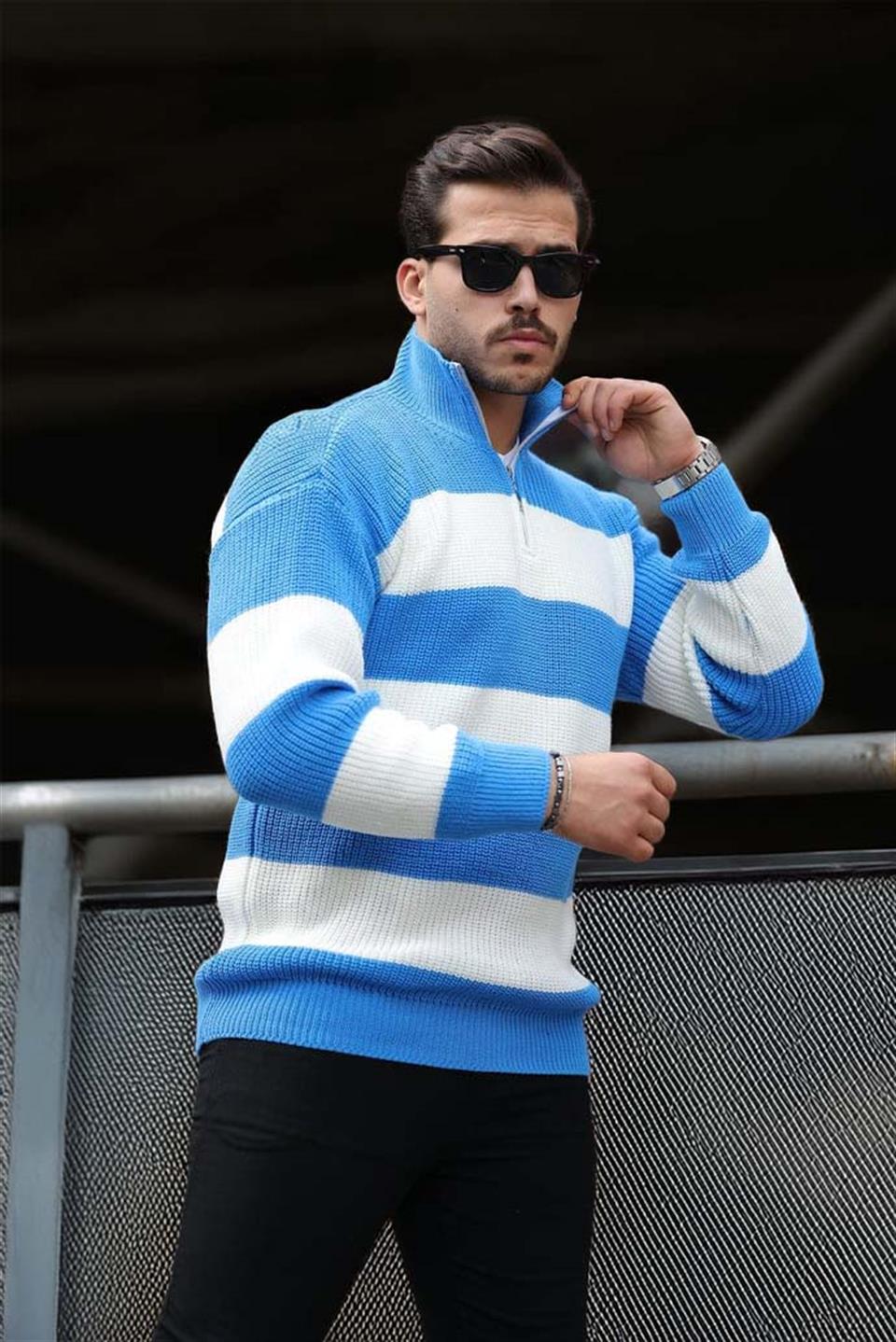 Pull Homme Pedro Rayé Demi-Zip en Maille Selanik