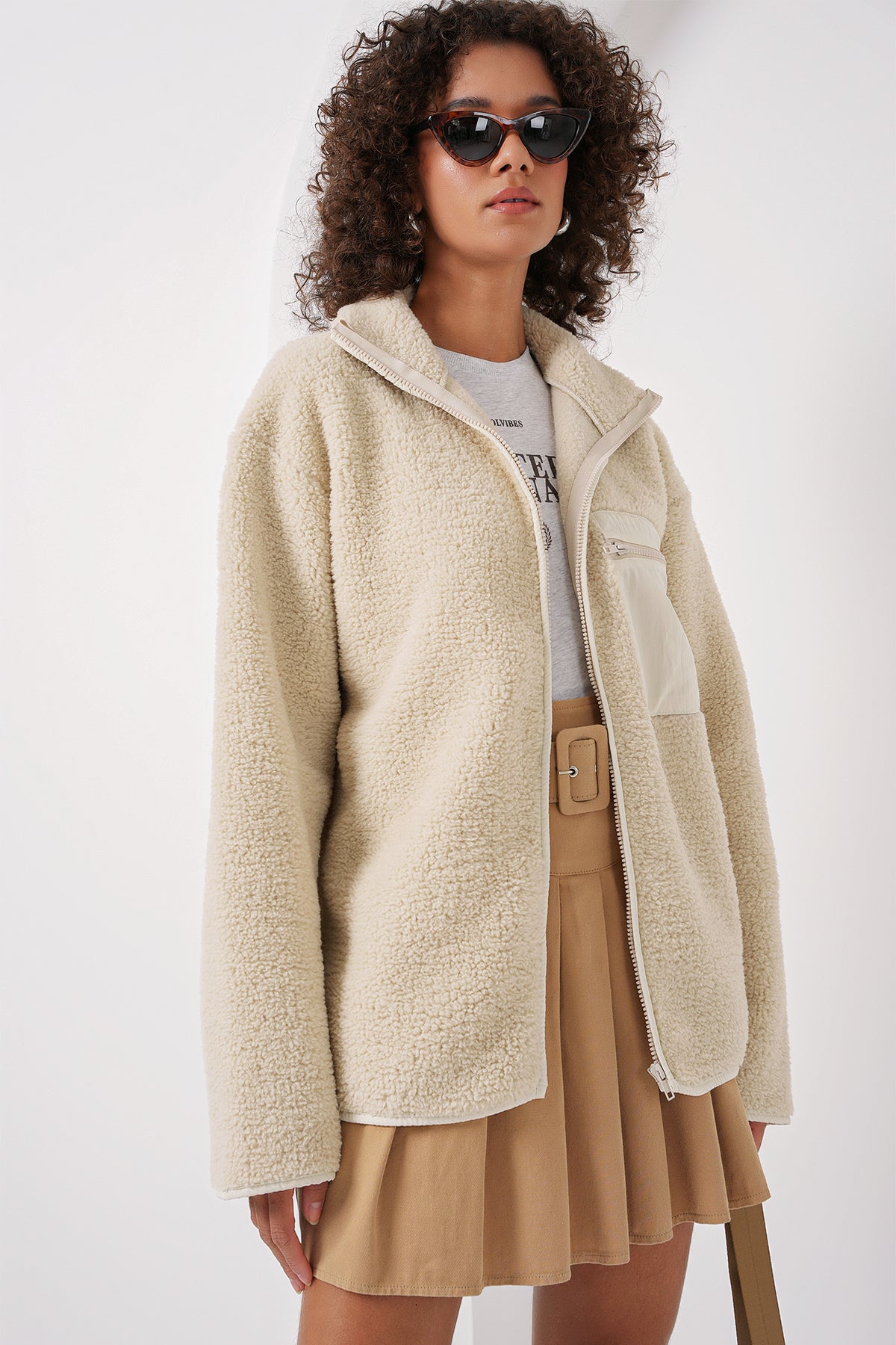55446 fermuarli oversize peluş ceket - Justyol