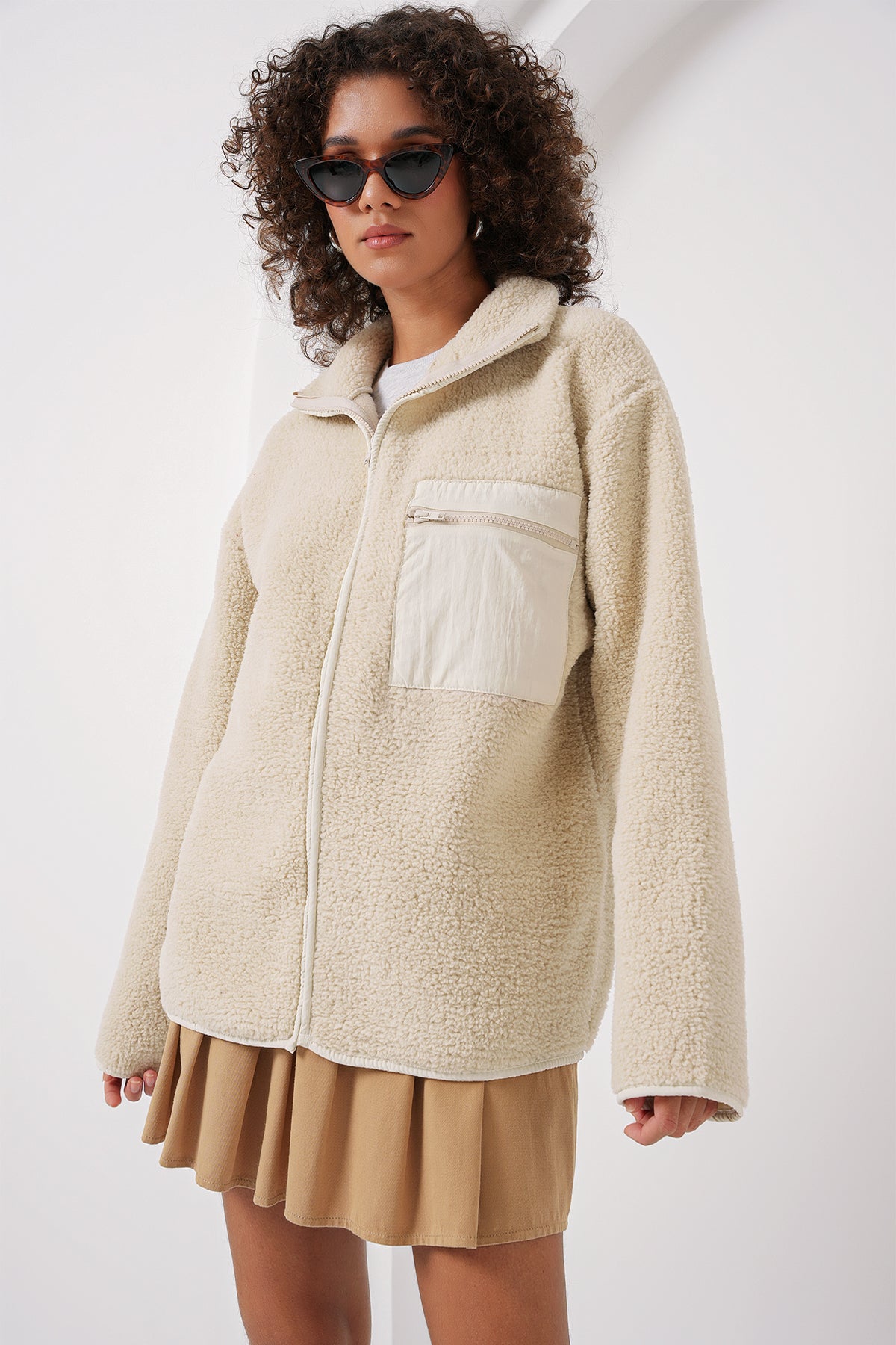 55446 fermuarli oversize peluş ceket - Justyol