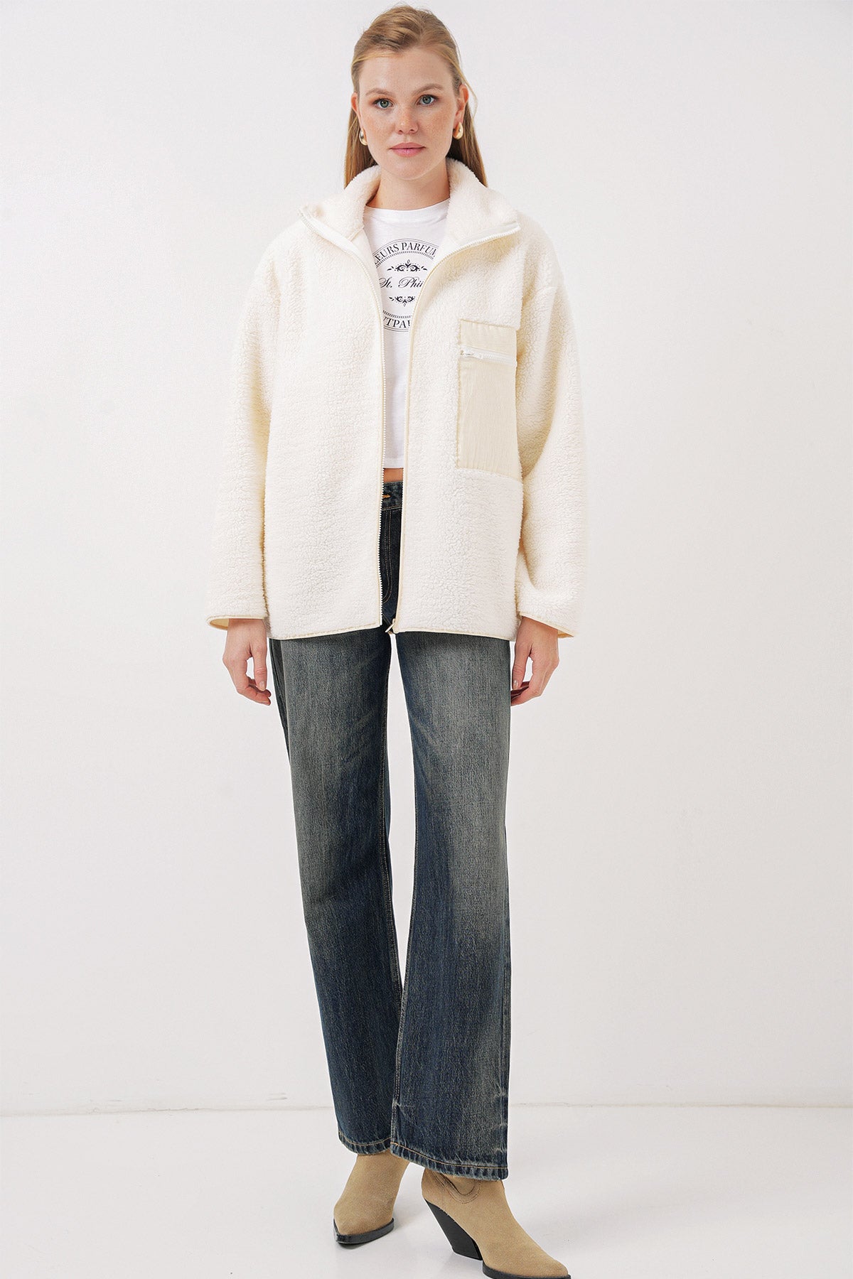 55446 fermuarli oversize peluş ceket - Justyol