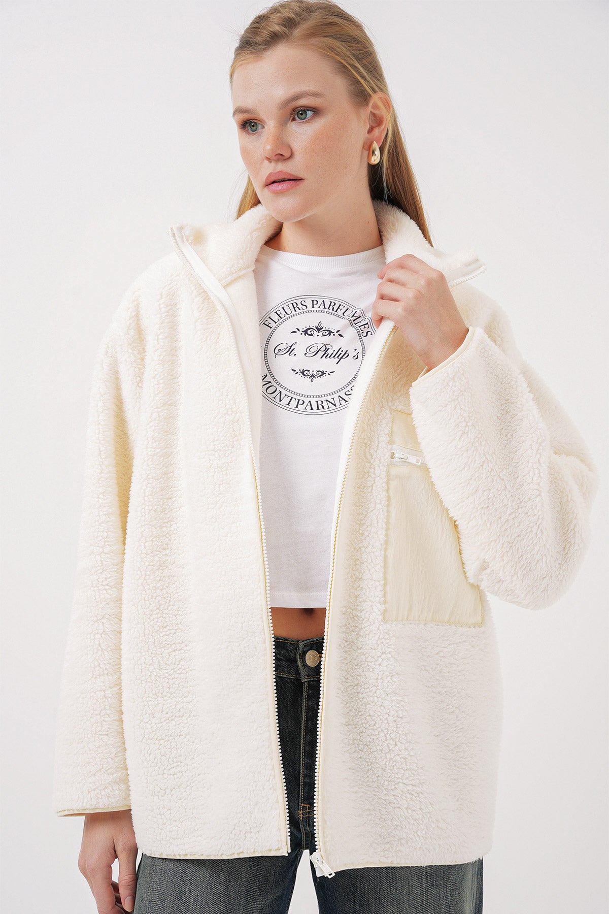 55446 fermuarli oversize peluş ceket - Justyol