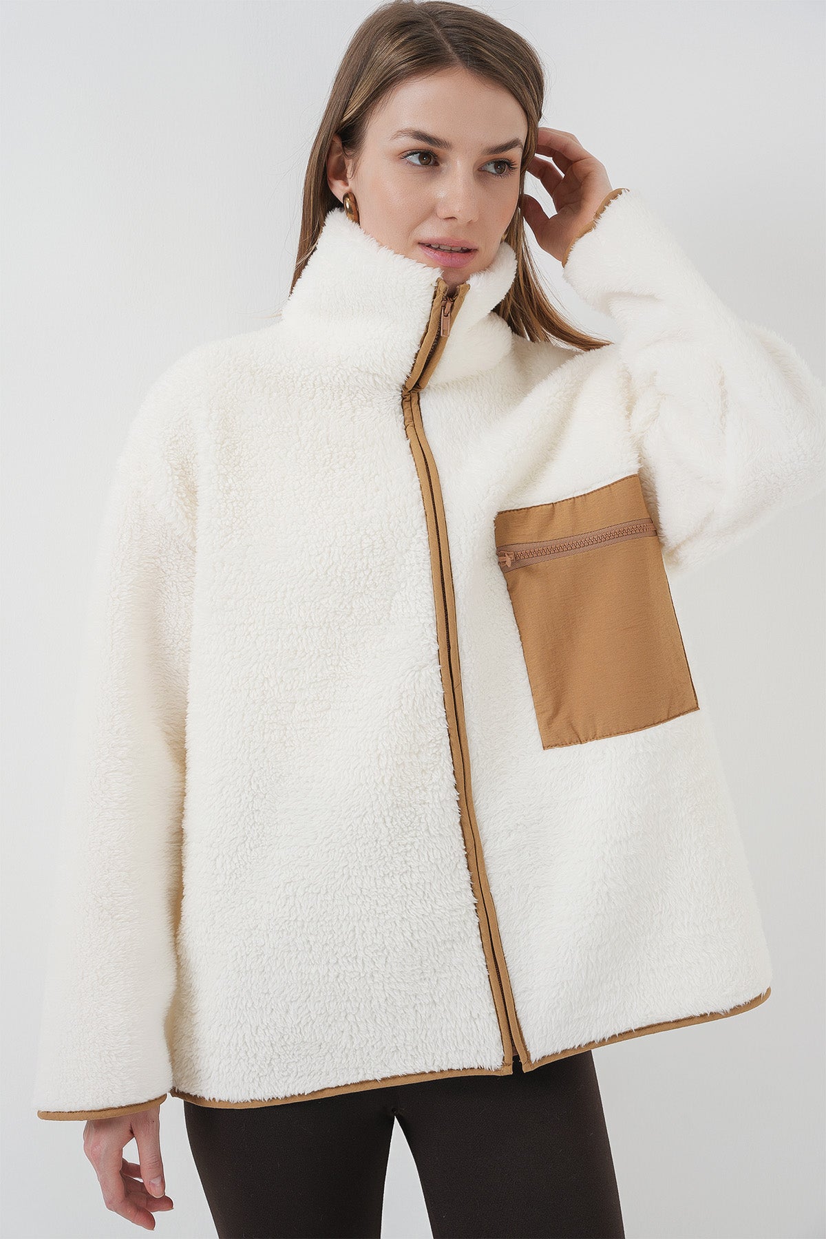 55446 fermuarli oversize peluş ceket - Justyol