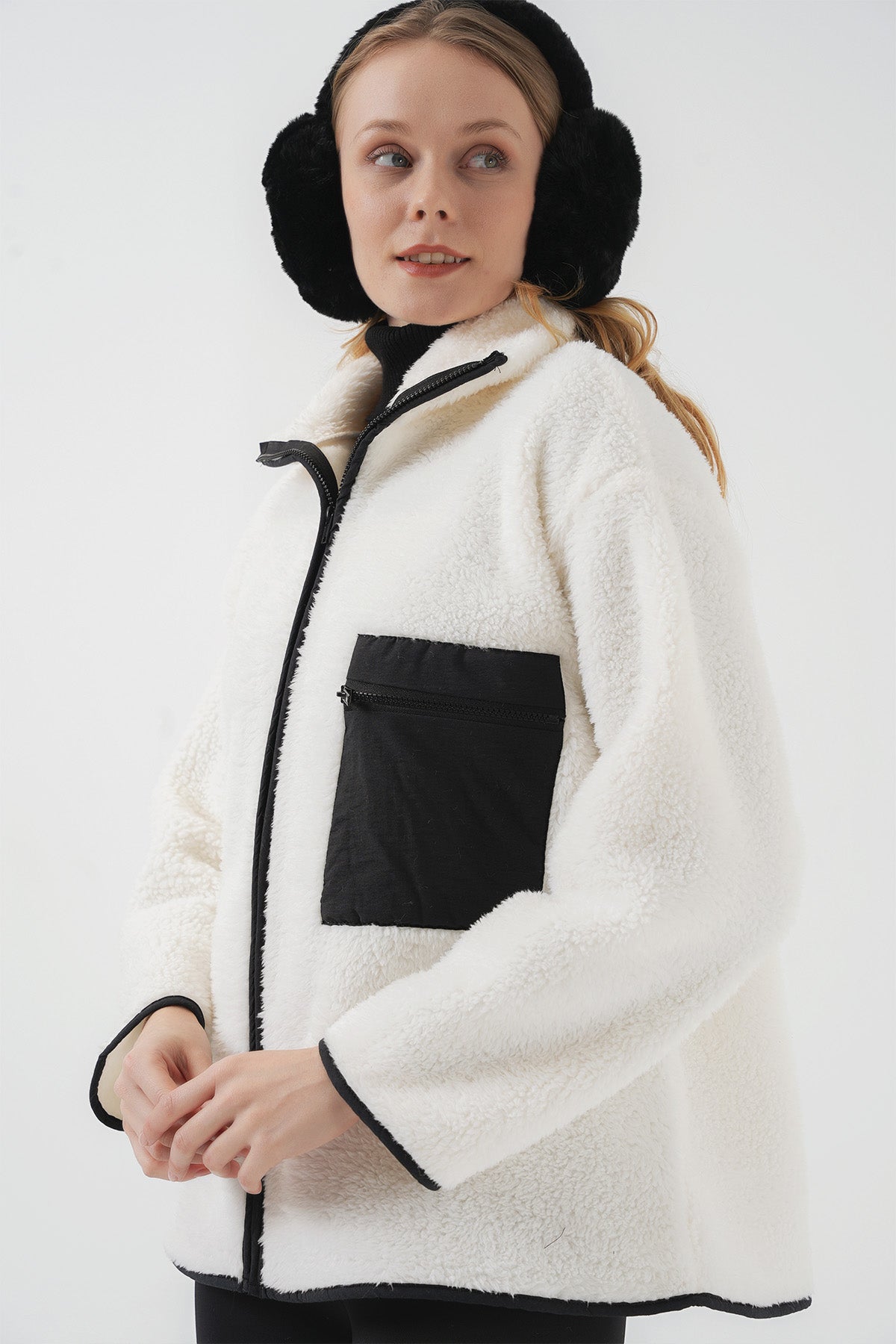 55446 fermuarli oversize peluş ceket - Justyol