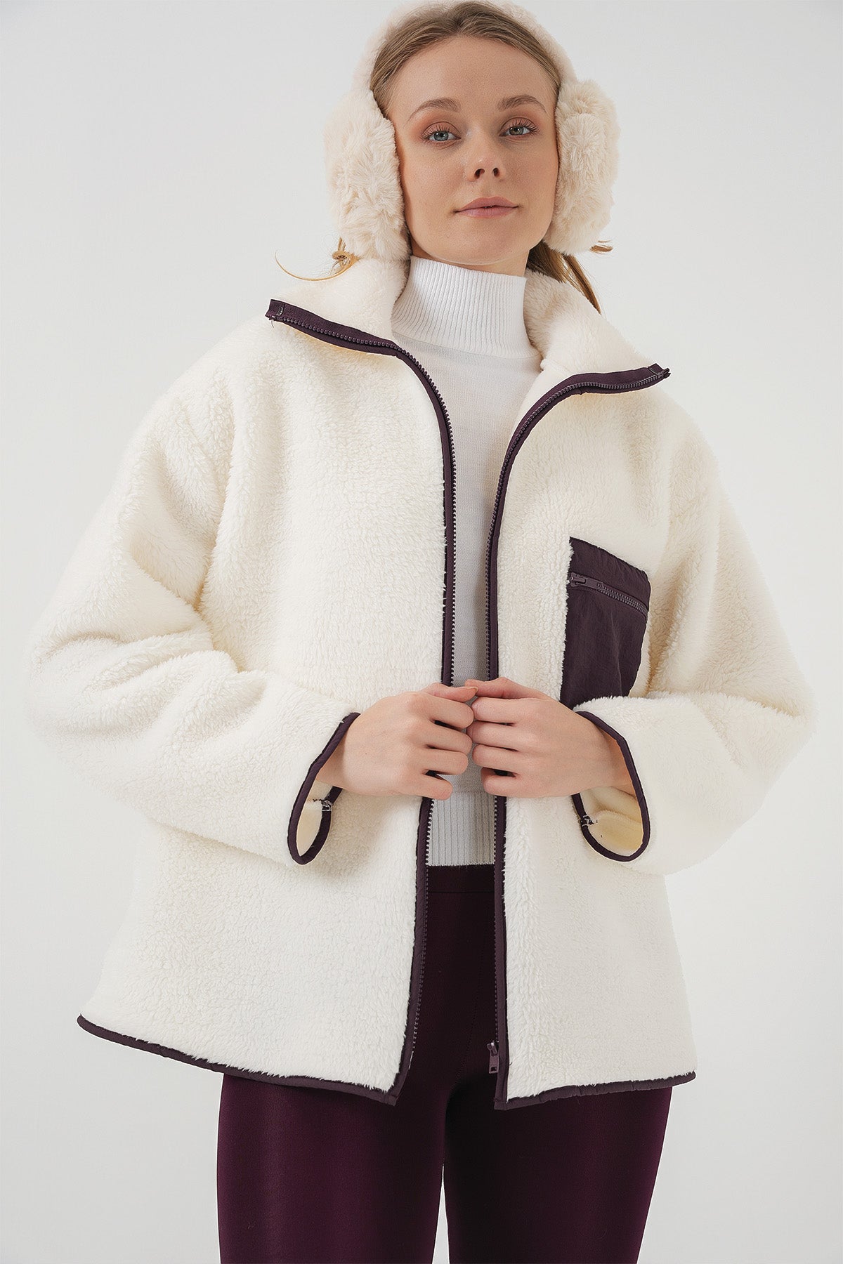 55446 fermuarli oversize peluş ceket - Justyol