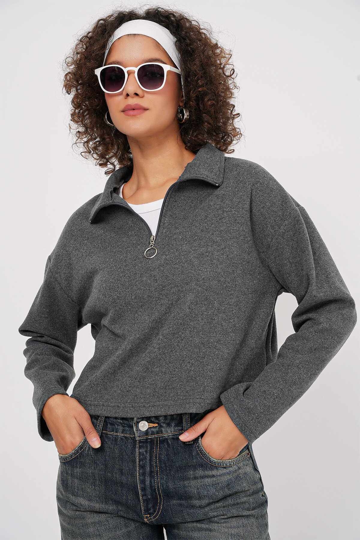 55449 fermuarli yaka örme sweatshirt