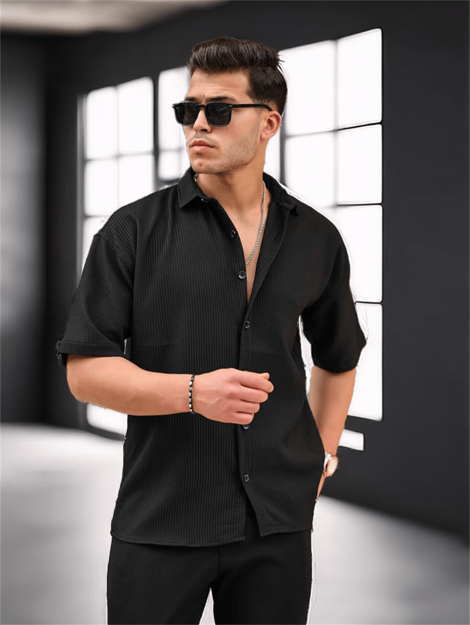 oversize rahat fitilli kisa kol erkek gömlek - Justyol
